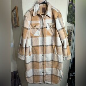 Rip Curl Long Line Check Jacket Camel Plaid Button Front Coat Womens Size M NWT